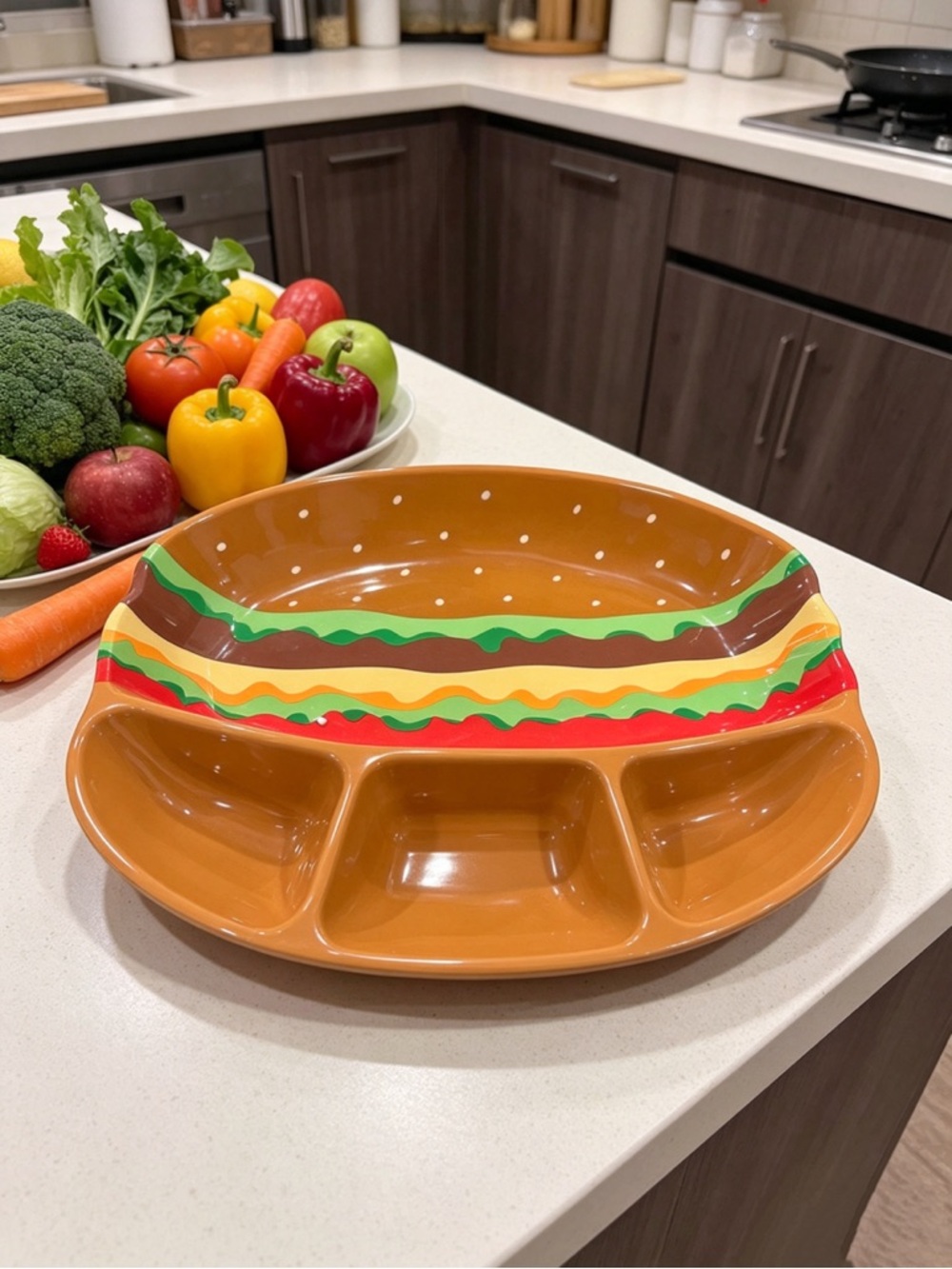 Retro Burger-Themed Divided Melamine Plate - Orange